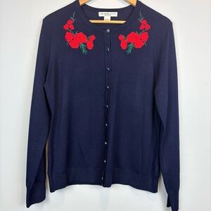 Embroidered Navy Cardigan with Red Floral Design